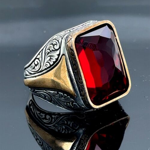 925k Silver Men Square Ruby Stone Ring Ottoman Style Ruby Stone Engraved Ring - 第 1/6 張圖片
