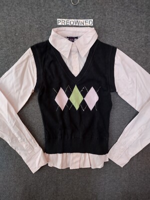 Taunt Button Down Striped Shirt + V-Neck Argyle/Diamond Knit Vest Jumper M