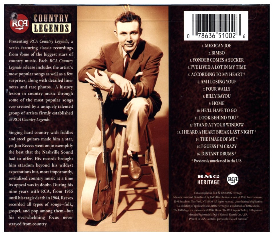 JIM REEVES RCA Country Legends RCA VICTOR 16 TRACK PROMO SEALED COMPACT ...