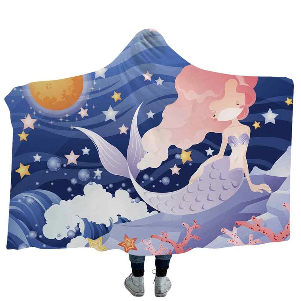 Una bonita sirena en una roca 3D manta con capucha manta de franela portátil capa Foto 2 de 4