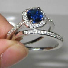 3.24CT Blue Round Sapphire Lab-Created Bridal Engagement Ring Set 14K White Gold