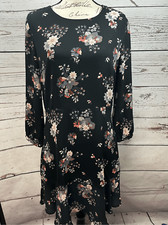 LOFT Petite Floral Print Black Long Sleeve Ruffle Hem Dress Size 12P