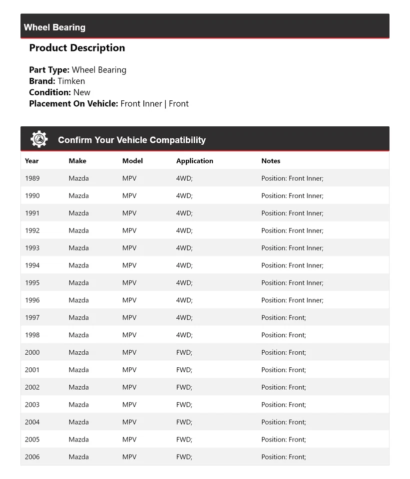 Cojinete de rueda Timken para Mazda MPV 1989-1998, 2000-2006 Foto 2 de 4