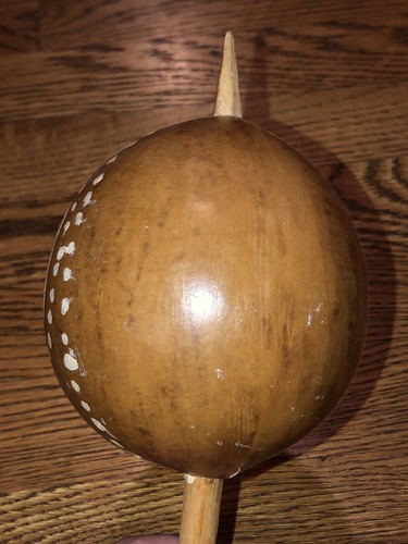 Vintage Haiti Detailed Carved Painted Gourd Shaker Wooden Rattle Rumba Maraca - Picture 5 of 11