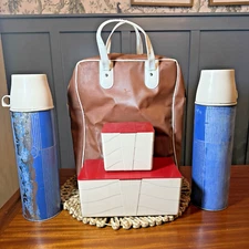 Vintage 60's Thermos Keapsit Picnic Set Blue Stripe with Red Tops