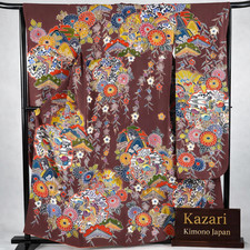 Vintage Japanese Silk Furisode Kimono Floral Pattern Brown Purple