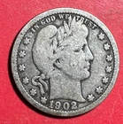 1902 US Barber SILVER Quarter "Philadelphia" Mint! VG+ Old US Coin!