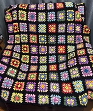 Handmade Crochet Granny Square Afghan Blanket Vintage 52x76” Black/Colorful