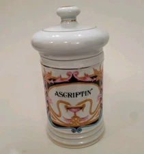 French Porcelain Apothecary Pharmacy Jar 'Ascriptin' (for Pain) 5 1/2” Tall