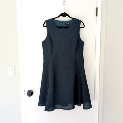 DKNY dark teal green fit and flare mesh net overlay tank dress 16 NWT business