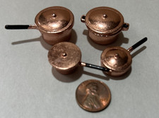 Dollhouse Miniature Complete Set of 4 Copper Cooking Pots/Pans/Lids EXCELLENT