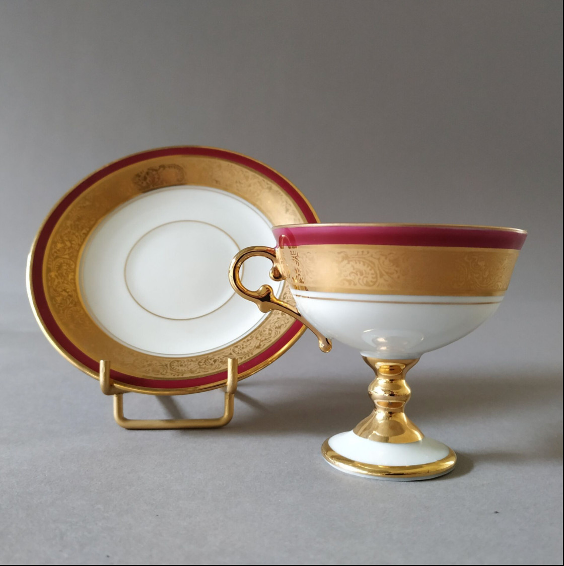 Taza Limoges Porcelana Blanca Burdeos Oro XX Café Chocolate