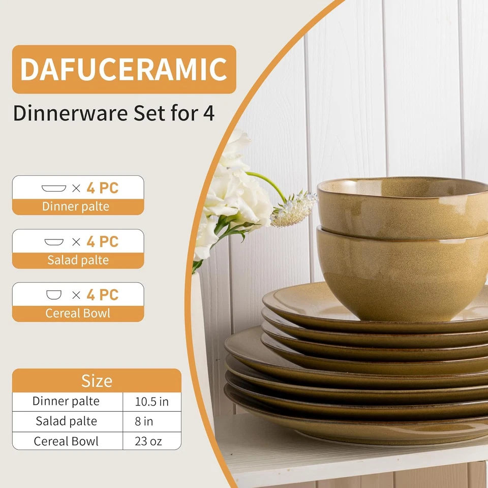 Plates and Bowls Sets 12 Pcs Modern Stoneware Dinnerware Set for 4 Kitchen Dinne - Image 2 of 4
