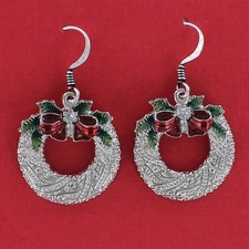 Christmas Wreath Earrings Silver Tone Red Bow Green Holly Dangle Holiday Gift