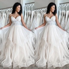 Beach Wedding Dresses Spaghetti Straps Lace A Line Ruffles Train Bridal Gowns
