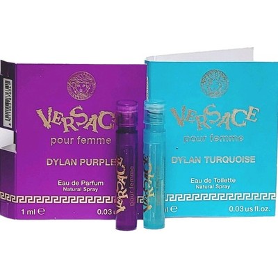 Versace Dylan Purple EDP + Dylan Turquoise EDT Sample Perfume Vials In Card