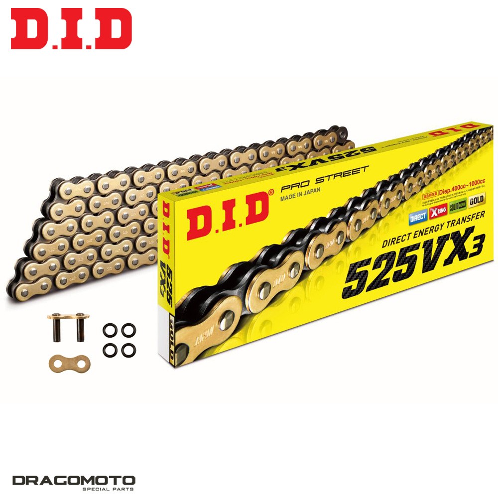 Chaîne moto DID 525VX3 dorée à joints X-Ring réduction des frictions pour roadster
