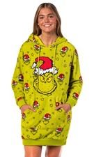 Dr. Seuss The Grinch Women's Hooded Plush Fleece Pajama Dorm Sleep Shirt