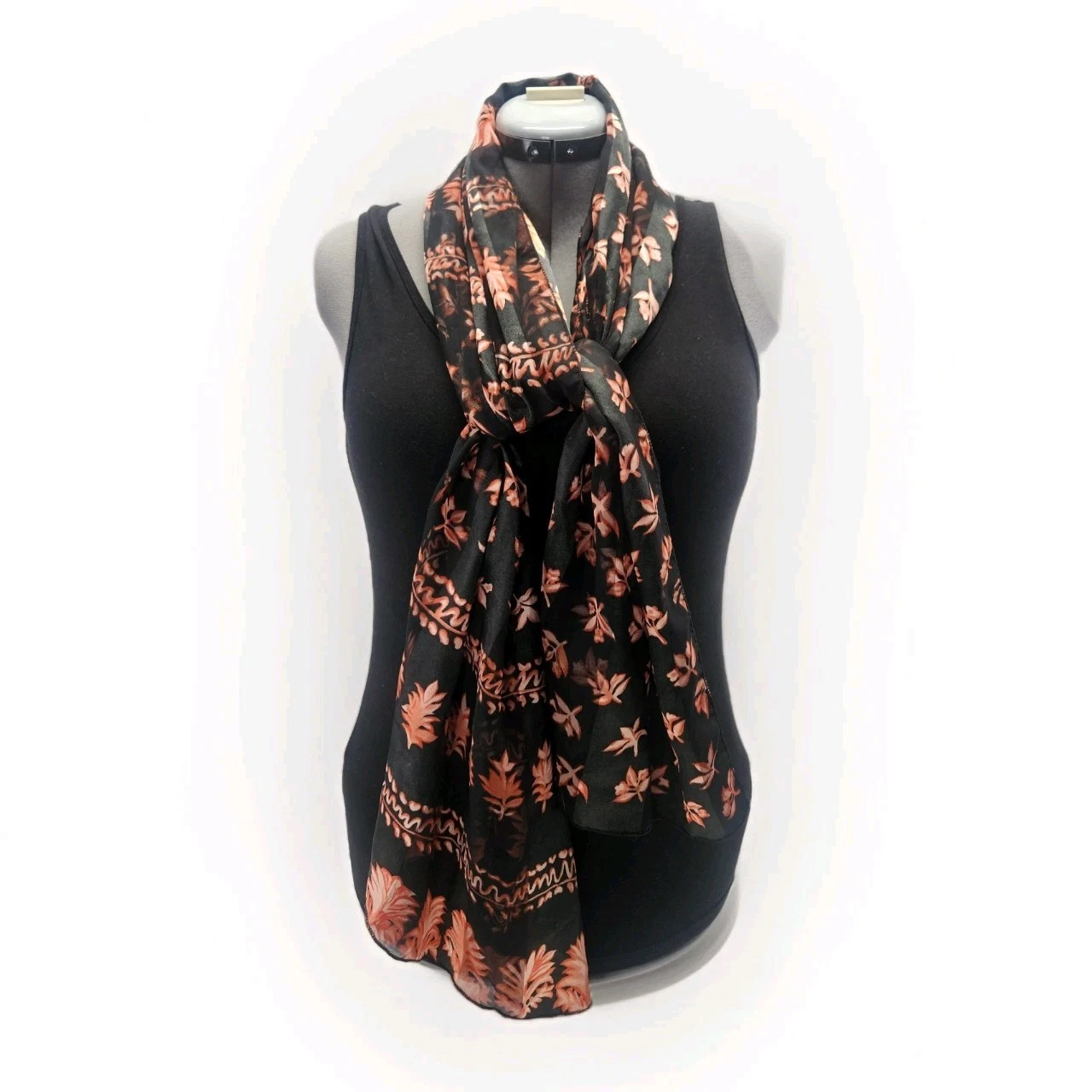 Vintage Floral Black Red Silky Striped Scarf Polyester Sheer Oblong Shawl 21x64"