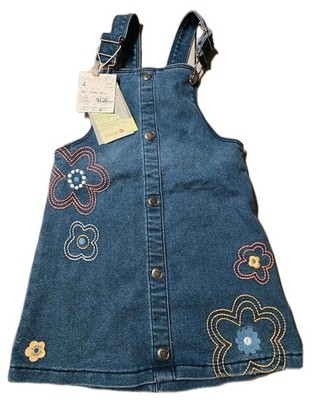 NWT Girl's Boboli Flower Denim Overall Cottagecore Dress, Size 4