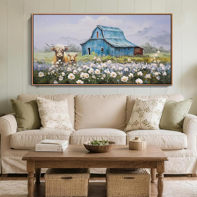 Highland Cow Farmhouse Wall Art - Cozy Blue Barn Framed Decor 58''x29
