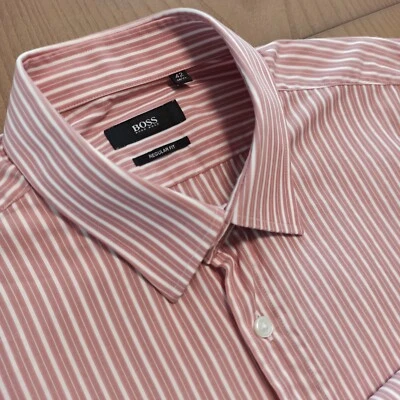 HUGO BOSS Hommes Dress-Shirt Taille 16.5 42 Coupe Standard Rouge Blanc Rayé - Photo 1/4