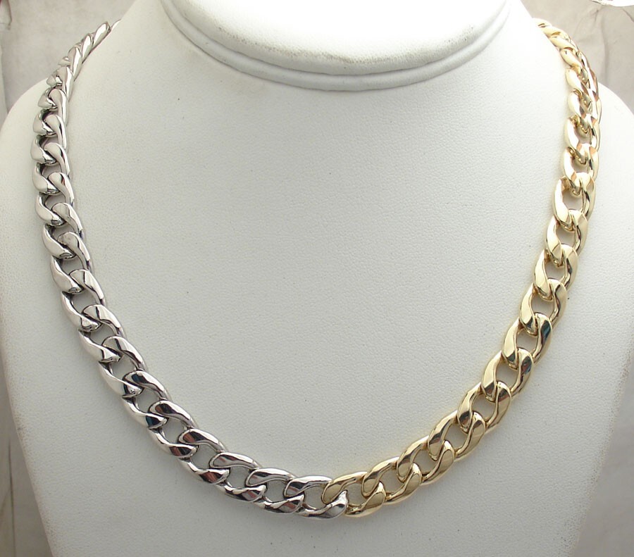 Polished Curb Cuban Link Chain Necklace Two-Tone Real 925