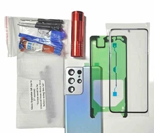 Screen Repair Kit Fit Galaxy S21 Ultra Front Glass Silver Back Cover Replacement