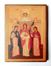 Christian Icon St Faith Hope Love Their Mother Sophia, Handmade, Board 20x14.5cm