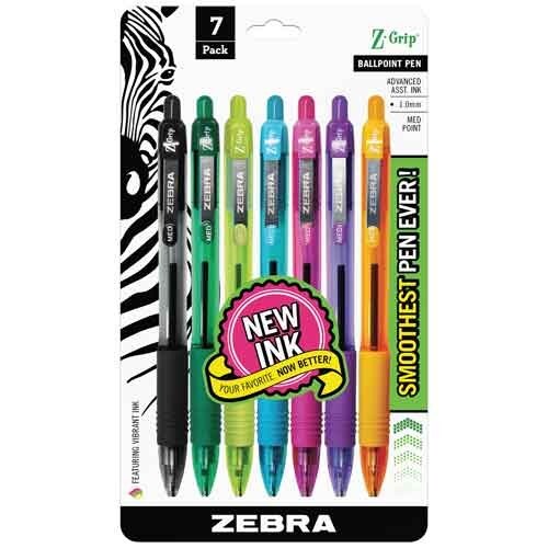 Zebra Z-Grip Retractable Ball Pen 1.0mm Med Point 7/Pk Asst Colors