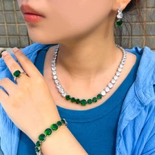 Green Round CZ Tennis Necklace Bracelet Earrings Ring Silver Plated Jewelry Set
