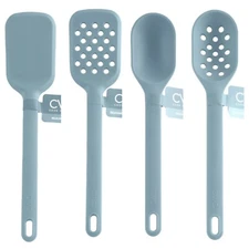 4 Silicone Kitchen Tools Set Slotted Turner & Spoon, Basting Spoon, Spatula Blue