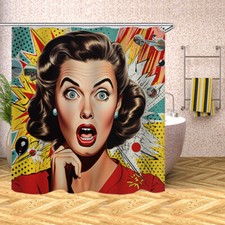 Retro Pop Art Girl Print Shower Curtain Set Waterproof Bathtub Decor Curtain 70"