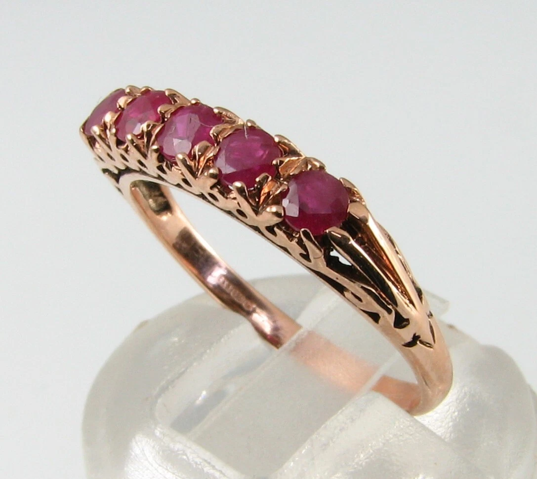 Anillo Eternity 9ct Oro Rosa Ruby Natural Redondo 5 Gemas Ajustable