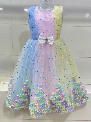 Unicorn Girls 3D Flower Luxury Puffy Tulle Prom Ball Gown Birthday Party Dress
