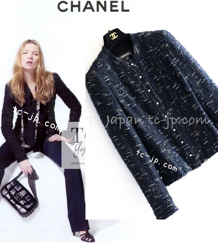 CHANEL 04S Black Navy Pearl Button Summer Tweed Jacket 34 US2 Karl