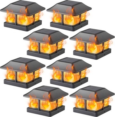  Solar Flame Post Cap Lights Outdoor, Solar Powered Fence Post Light, Flickering
