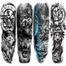Men's Full Arm Lion Temporary Tattoo Sleeve 4-Sheet Temporary Tattoos for Adults