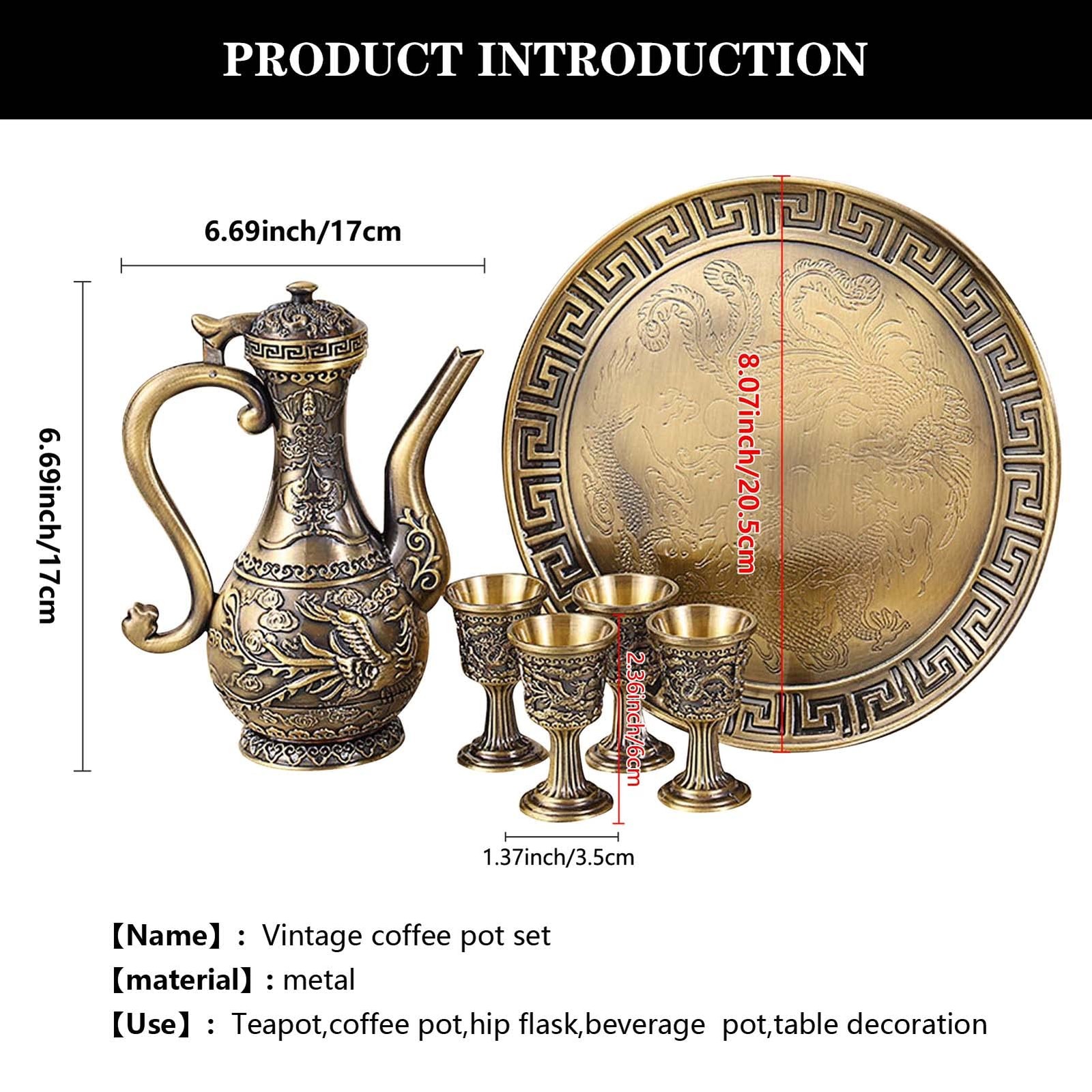 Vintage Turkish Coffee Pot and Cups Set,Teapot Tea Set Including 4 Metal Cups...