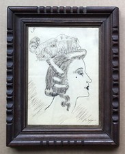 Dessin Original Art Déco Portrait Femme Mode Coiffure Boucles Plumes Signé Cadre