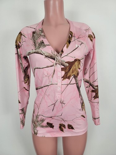 Under Armour Shirt Women's Small Pink Realtree Camo Cold Gear Henley - Picture 2 of 13