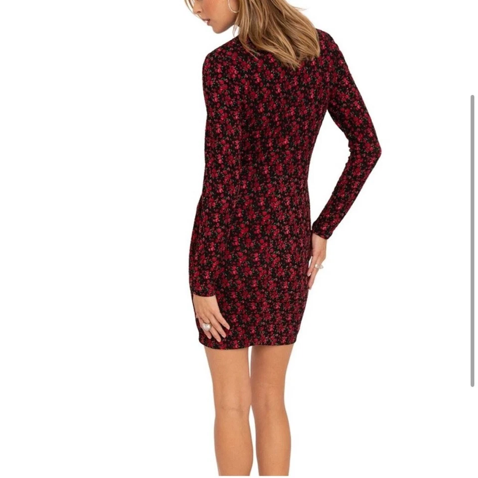RTR Black Halo Briar Long Sleeve Black & Red Rose Floral Print Mini Dress Sz 6 - Image 2 of 4