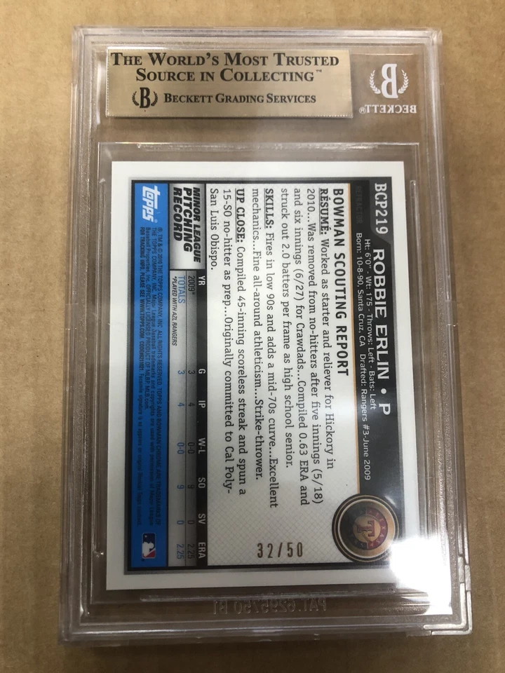 2010 Bowman Chrome Prospects Gold Refractor /50 Robbie Erlin #BCP219 1st Rangers - Image 2 of 2