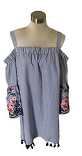 New Jessica Howard 18W Women's Blue Stripe Embroidered Bell Sleeve Lined Dress
