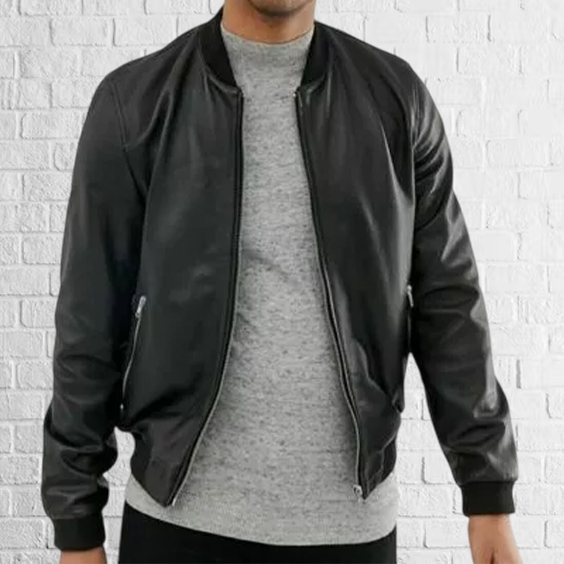 Men Slim Fit Black Lambskin Bomber Leather Moto Biker Jacket