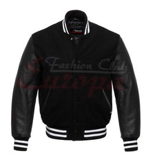 Men Black Varsity Letterman Wool Jacket with ...