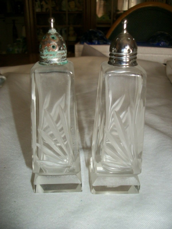 Vintage Cut Glass Salt & Pepper Shakers with Square Base - 5" Tall