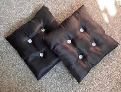 Pair of Square Black Satin Crystal Button Detail Seat Cushions