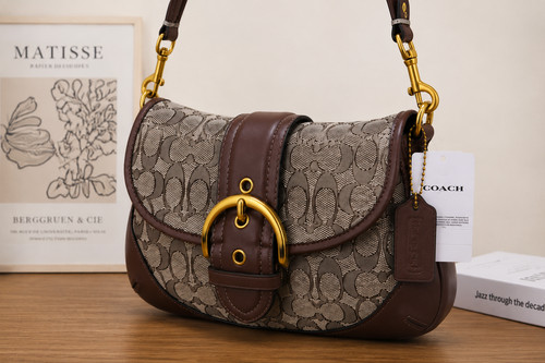 Coach CJ814 Soho Shoulder Bag Signature Canvas Brown Logo Buckle