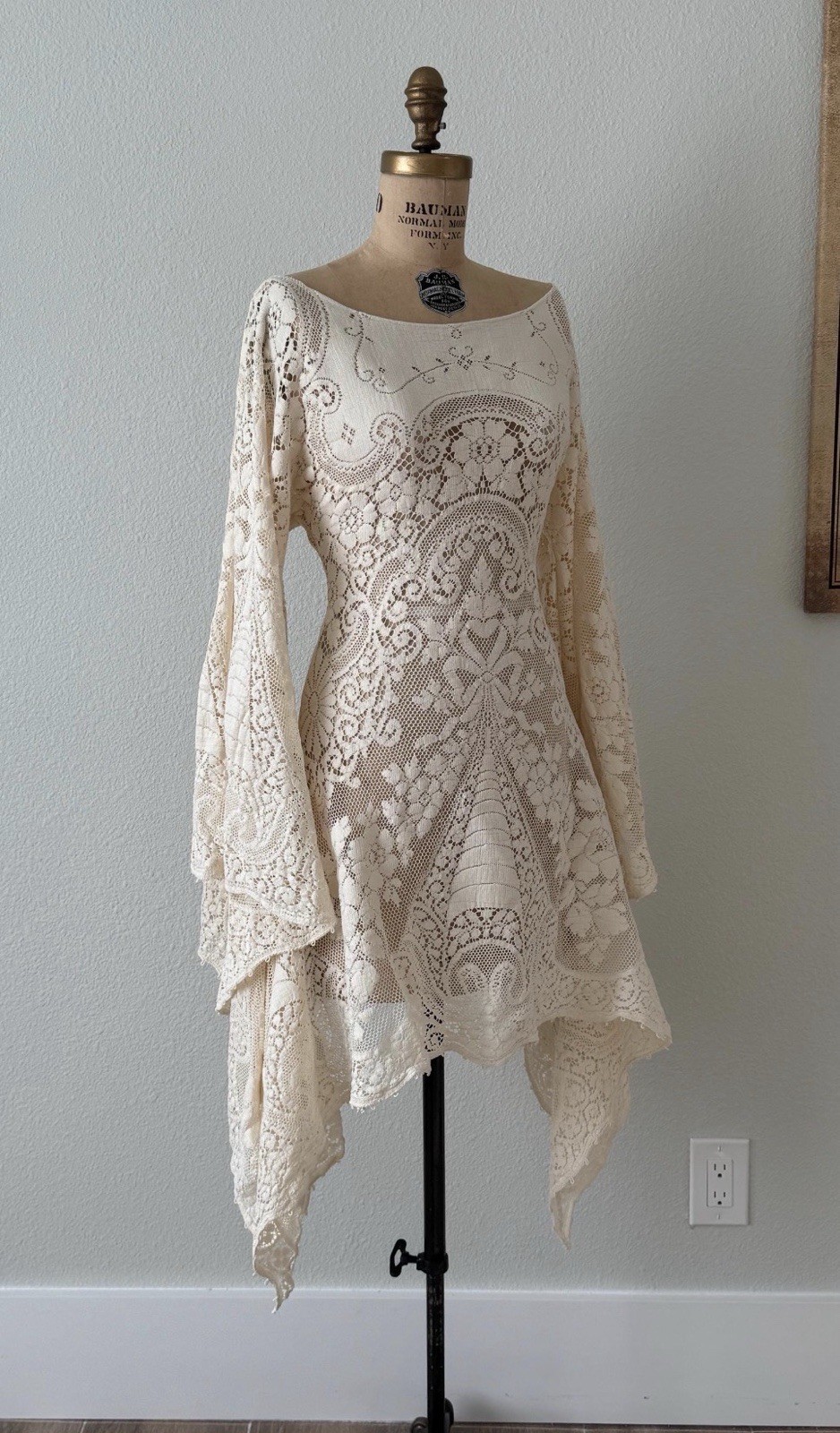 Vestido de novia de encaje vintage de algodón alto-bajo recepción ducha fuga med LG XL
